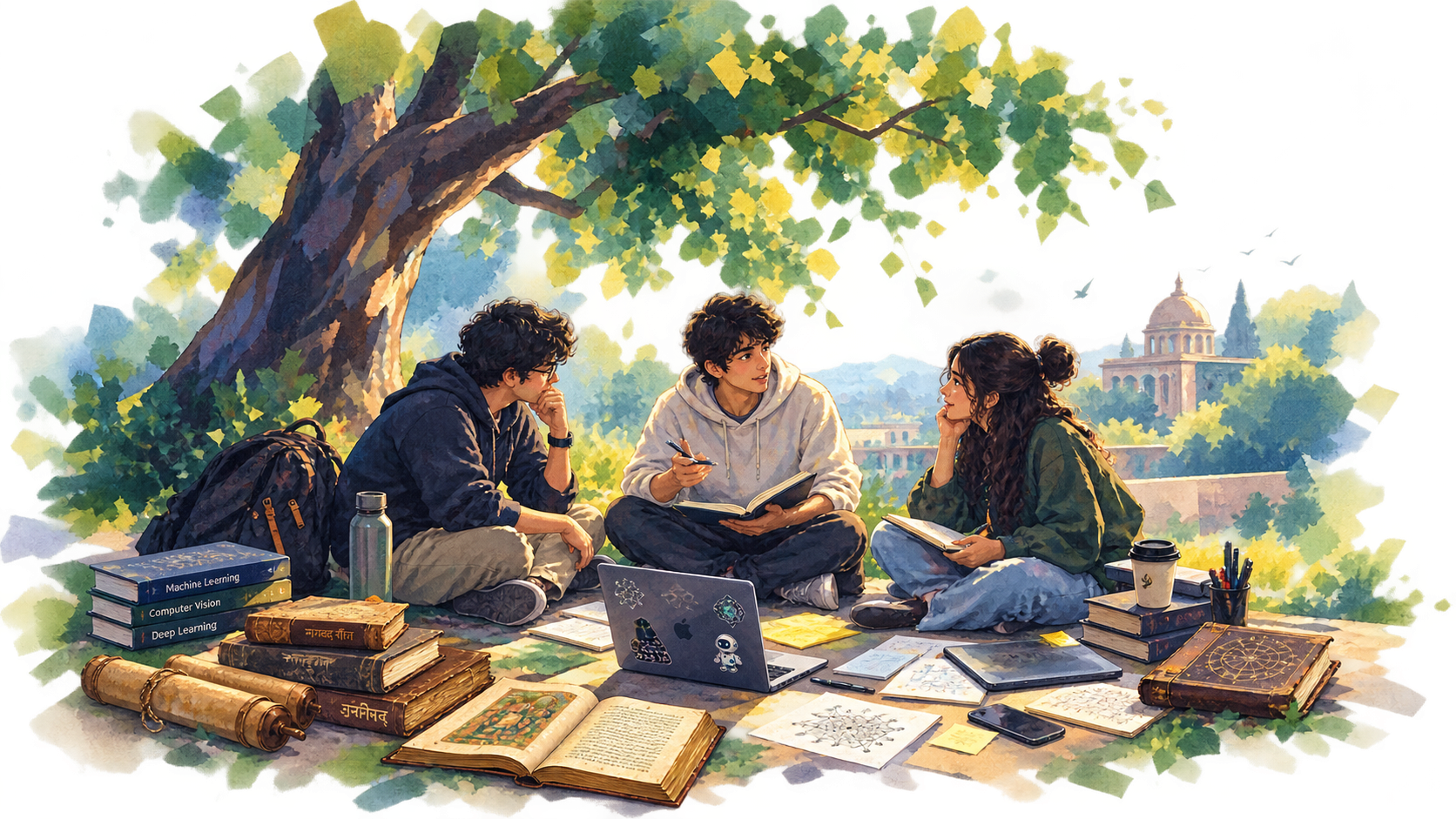 Three students studying together under a tree with AI textbooks, a laptop, and traditional manuscripts